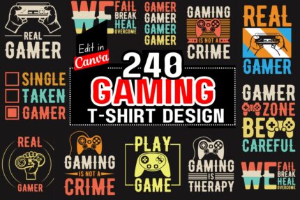 240 Edditable Gaming T-shirt Design For canva | Svg, PNG, EPS Gaming tshirt for your PO Business |