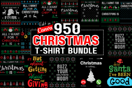 950 Christmas Tshirt Design Bundle For Canva | Christmas Editable Tshirt Design For Your Print On Demand Business