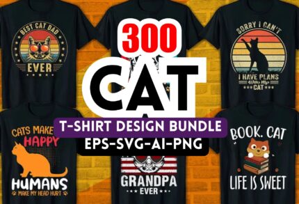 300+ Cat Themed T-Shirt Design Bundle – Fully Customizable & Editable Graphics for Print on Demand
